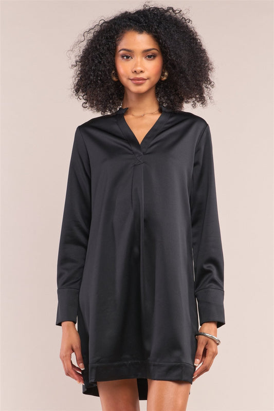 Jet Black Satin V-neck Long Sleeve Relaxed Fit Shirt Dress - Absolute Fashion 2020