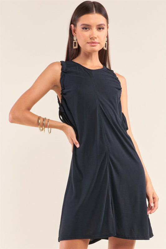 Sleeveless Drawstring Detail Crew Neck Knit Back Keyhole Mini Dress - Absolute Fashion 2020