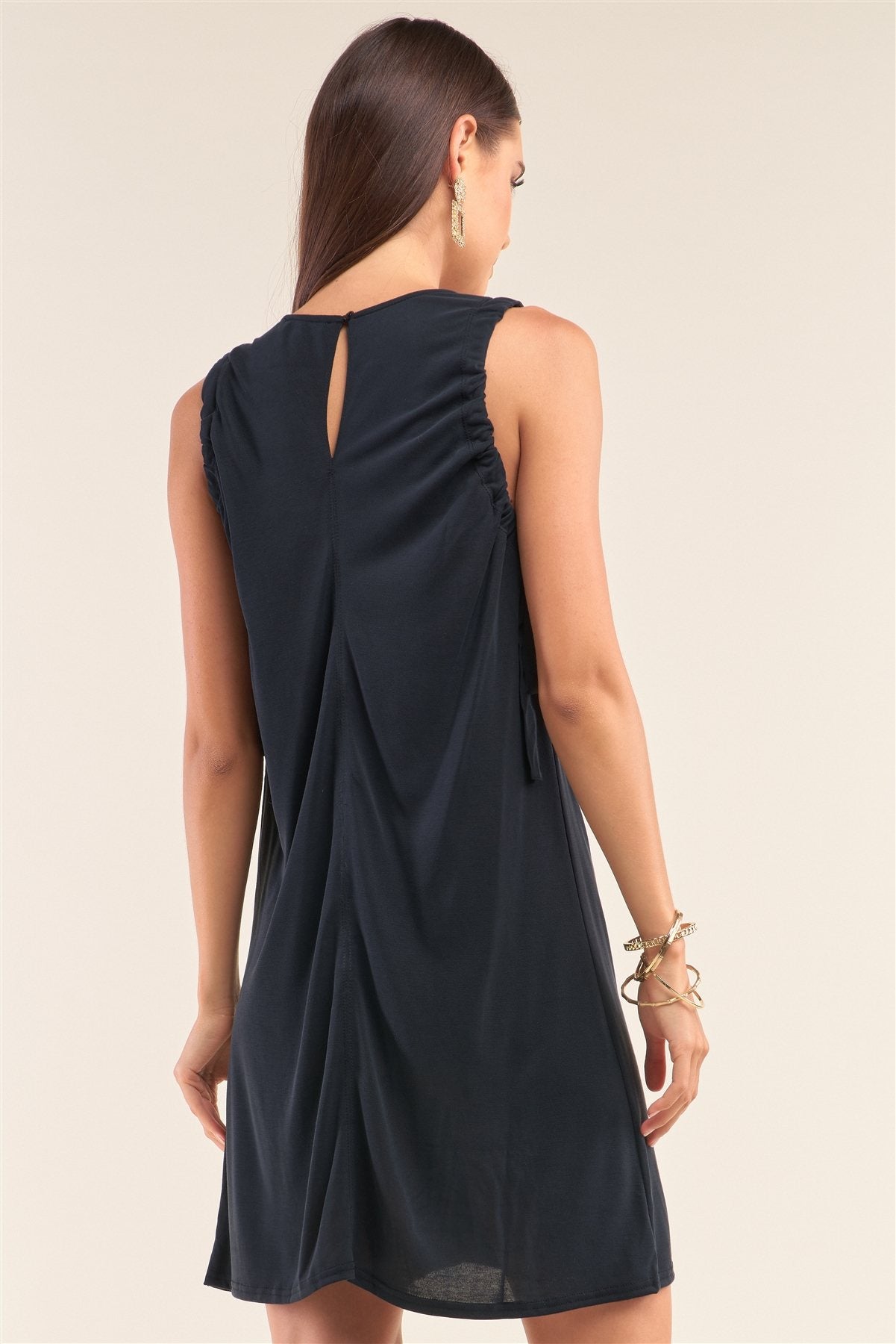 Sleeveless Drawstring Detail Crew Neck Knit Back Keyhole Mini Dress - Absolute Fashion 2020