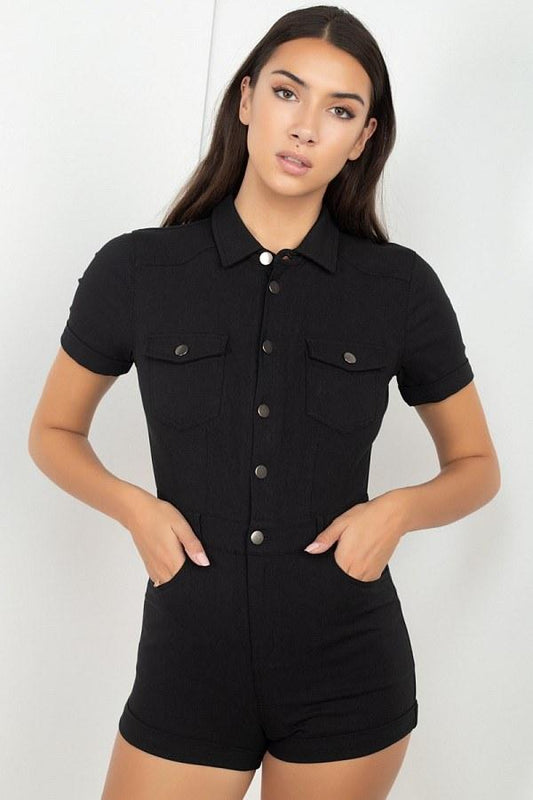 Short Sleeve Button Front Romper - Absolute Fashion 2020