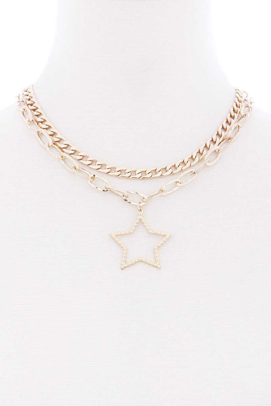 Chunky 2 Layered Chain Star Pendant Metal Necklace - Absolute Fashion 2020