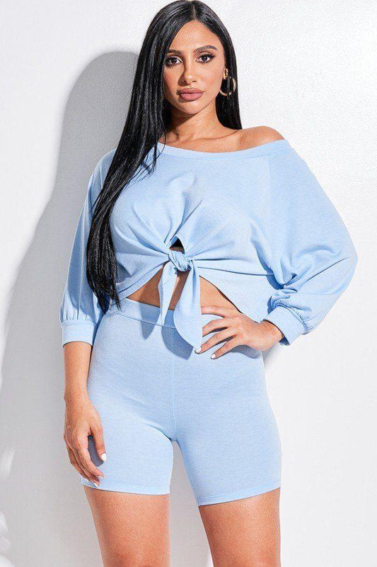 Solid French Terry Tie Front Off The Shoulder Slouchy Top And Shorts Two Piece Set - Absolute Fashion 2020