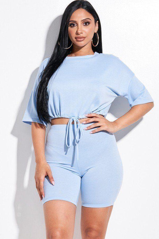 Solid French Terry Short Sleeve Tie Front Top And Biker Shorts 2 Piece Set - Absolute Fashion 2020