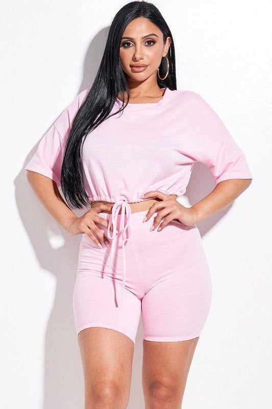 Solid French Terry Short Sleeve Tie Front Top And Biker Shorts 2 Piece Set - Absolute Fashion 2020