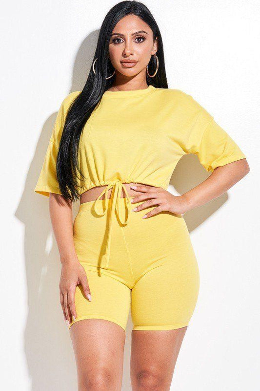 Solid French Terry Short Sleeve Tie Front Top And Biker Shorts 2 Piece Set - Absolute Fashion 2020