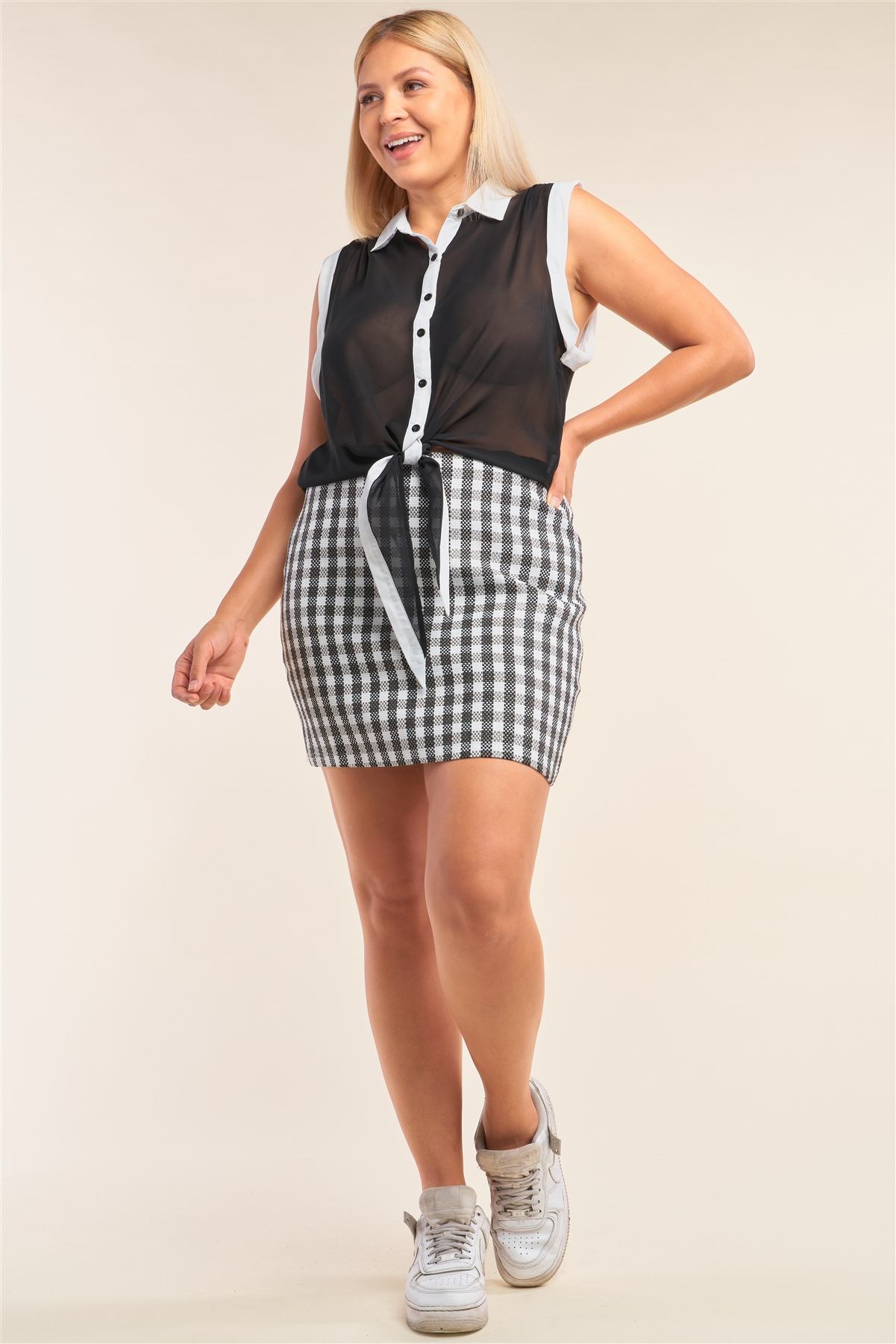Black & White Sheer Buttoned Down Sleeveless Front Knot Top - Absolute Fashion 2020