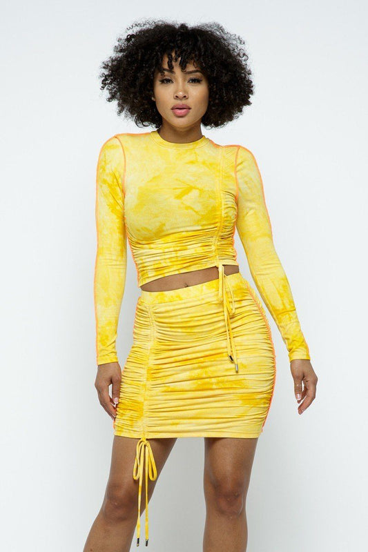 Tie Dyed Mock Neck Long-sleeve Cropped Top And Mini Skirt Set - Absolute Fashion 2020
