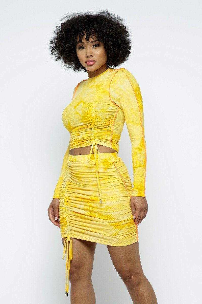 Tie Dyed Mock Neck Long-sleeve Cropped Top And Mini Skirt Set - Absolute Fashion 2020