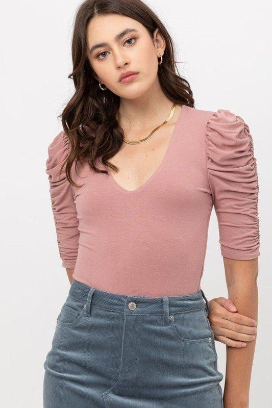 Sheered 3/4 Sleeve, V Neck Rayon Jersey Body Suit - Absolute Fashion 2020