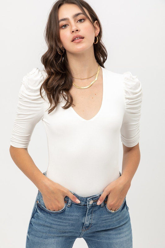 Sheered 3/4 Sleeve, V Neck Rayon Jersey Body Suit - Absolute Fashion 2020