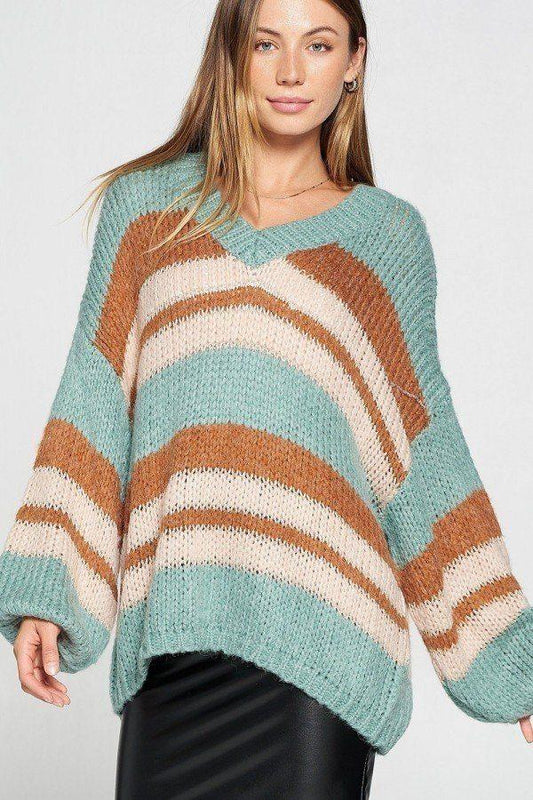 V-neck Cozy Thick Knit Stripe Pullover Sweater - Absolute Fashion 2020