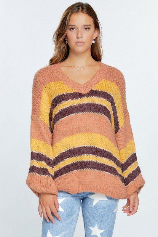 V-neck Cozy Thick Knit Stripe Pullover Sweater - Absolute Fashion 2020
