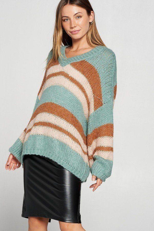 V-neck Cozy Thick Knit Stripe Pullover Sweater - Absolute Fashion 2020