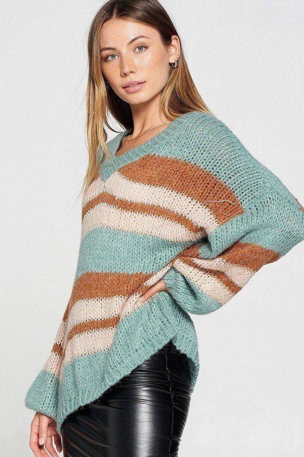 V-neck Cozy Thick Knit Stripe Pullover Sweater - Absolute Fashion 2020