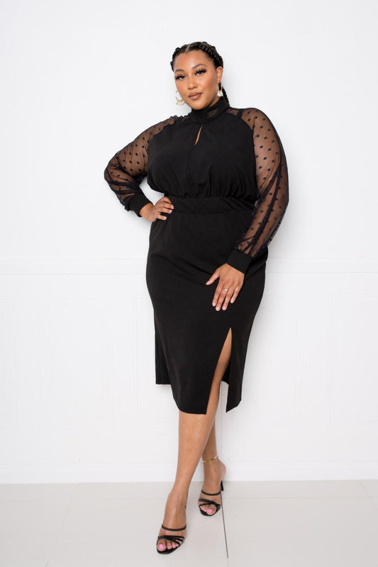 High Neck Dress With Polka Dot Mesh Insert - Absolute Fashion 2020
