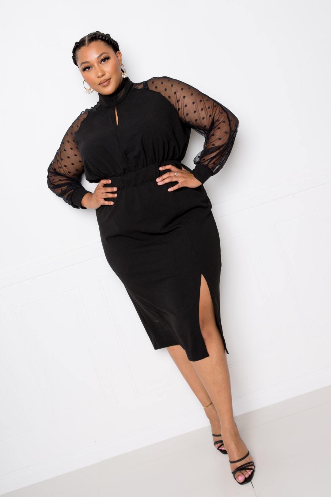 High Neck Dress With Polka Dot Mesh Insert - Absolute Fashion 2020