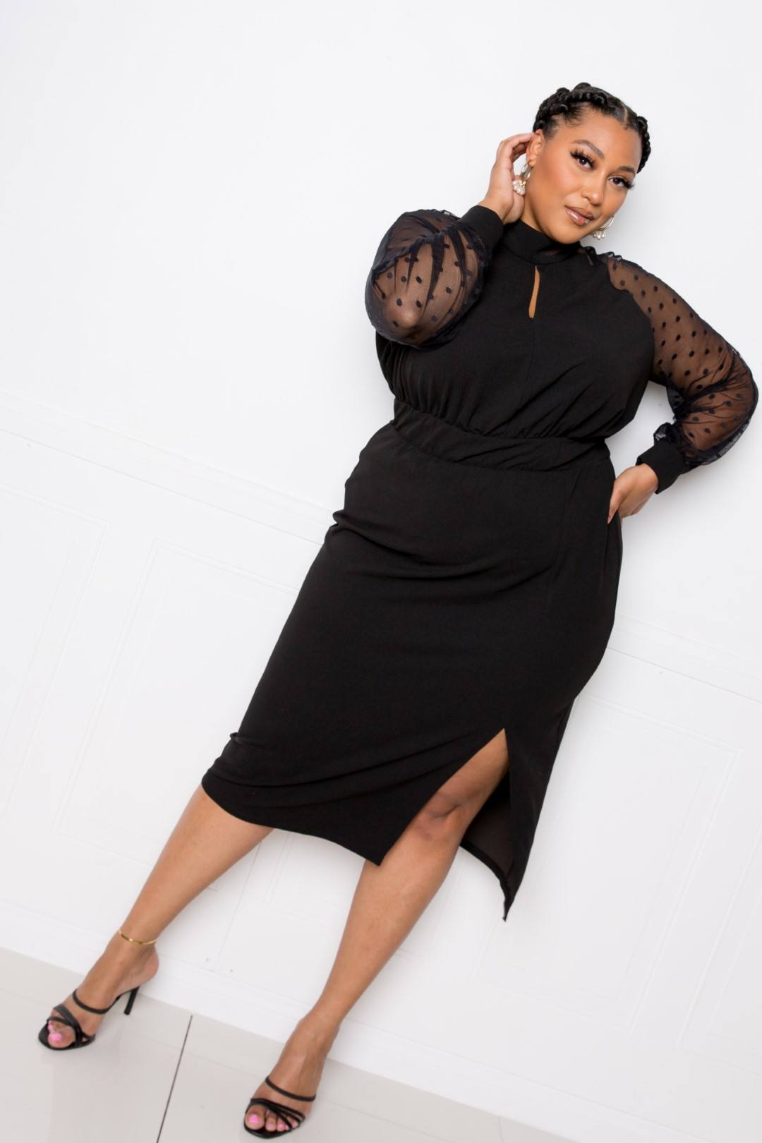 High Neck Dress With Polka Dot Mesh Insert - Absolute Fashion 2020
