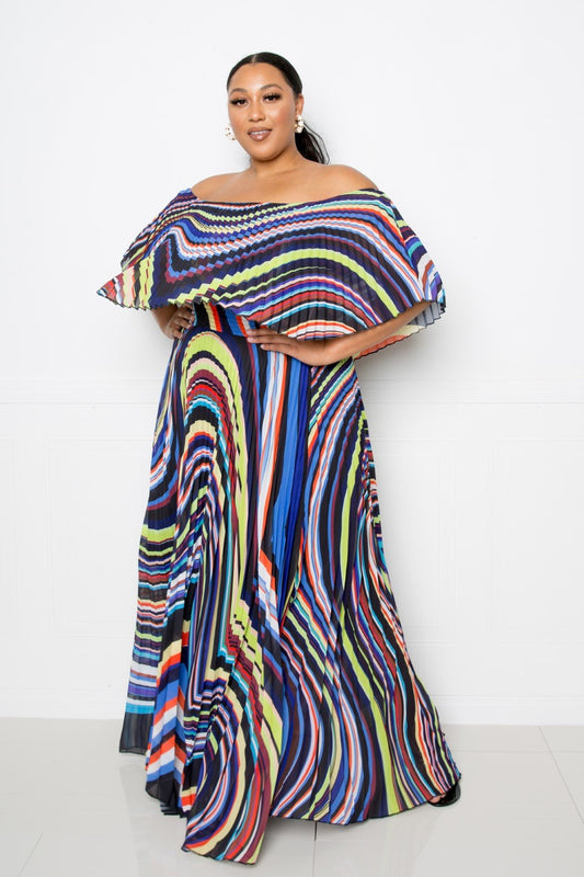 Geo Printed Off Shoulder Pleated Maxi Dress - Absolute Fashion 2020