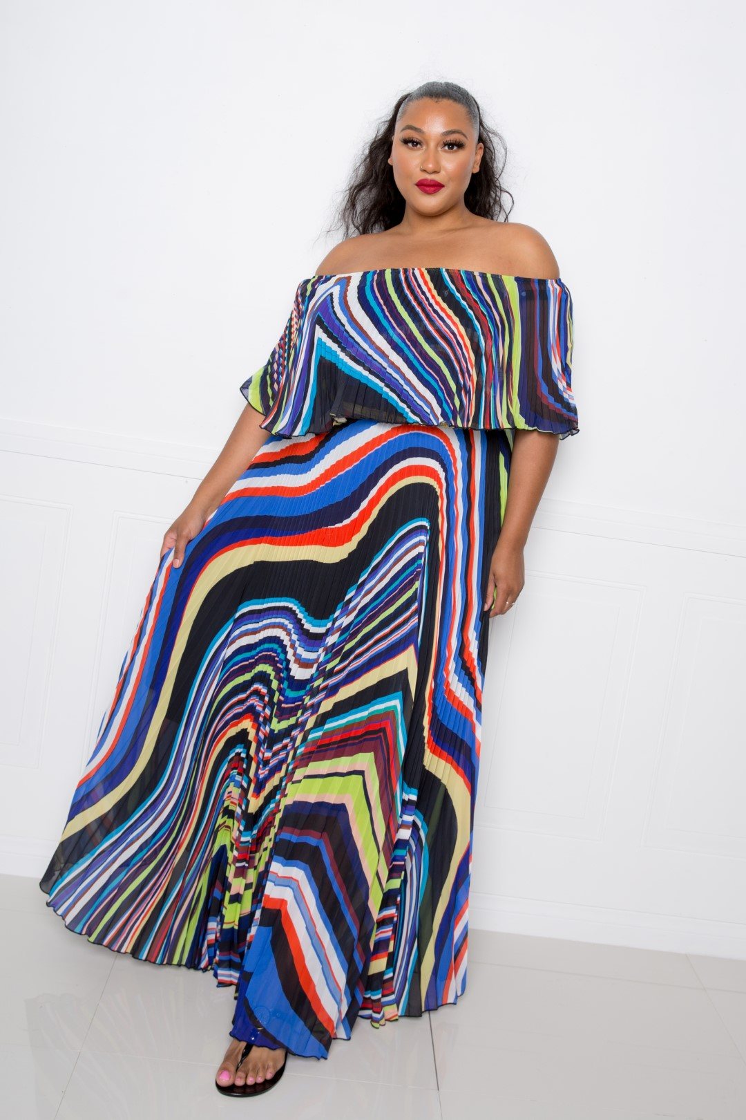 Geo Printed Off Shoulder Pleated Maxi Dress - Absolute Fashion 2020