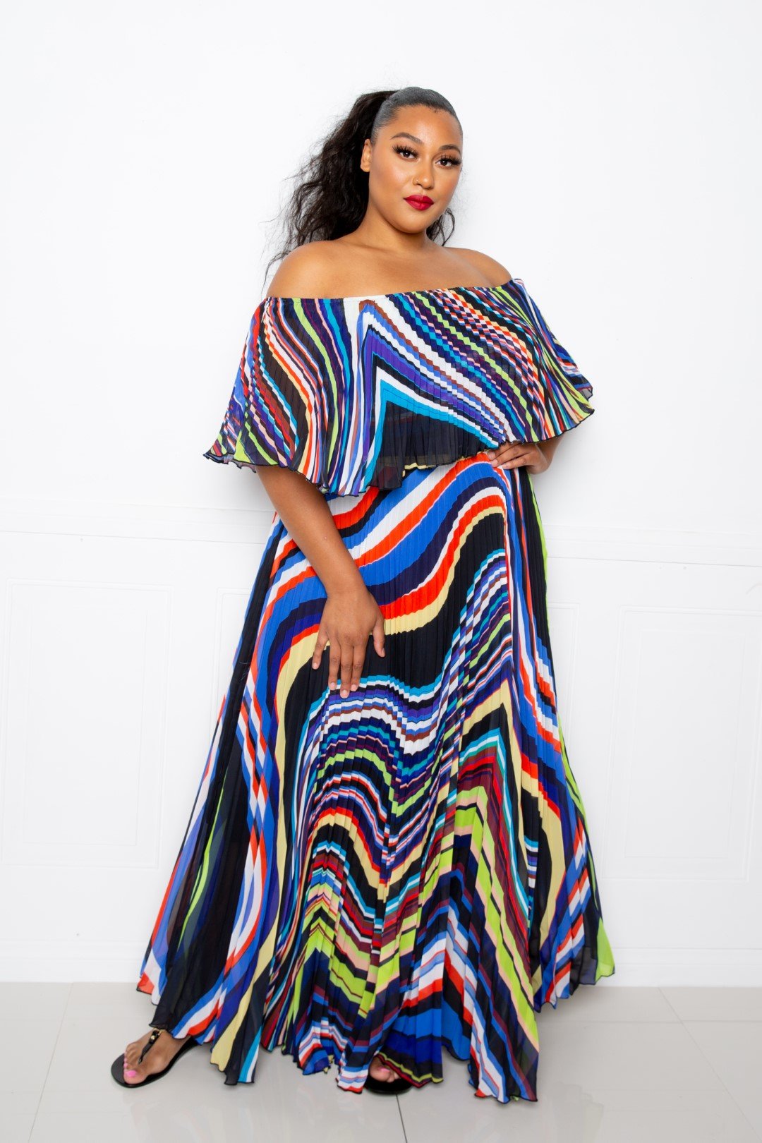 Geo Printed Off Shoulder Pleated Maxi Dress - Absolute Fashion 2020