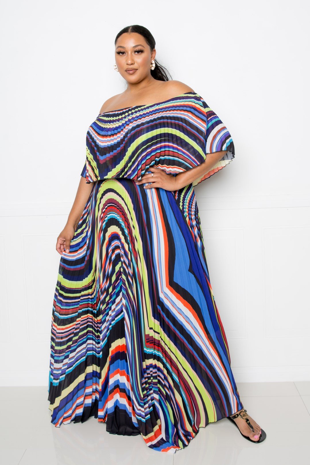 Geo Printed Off Shoulder Pleated Maxi Dress - Absolute Fashion 2020