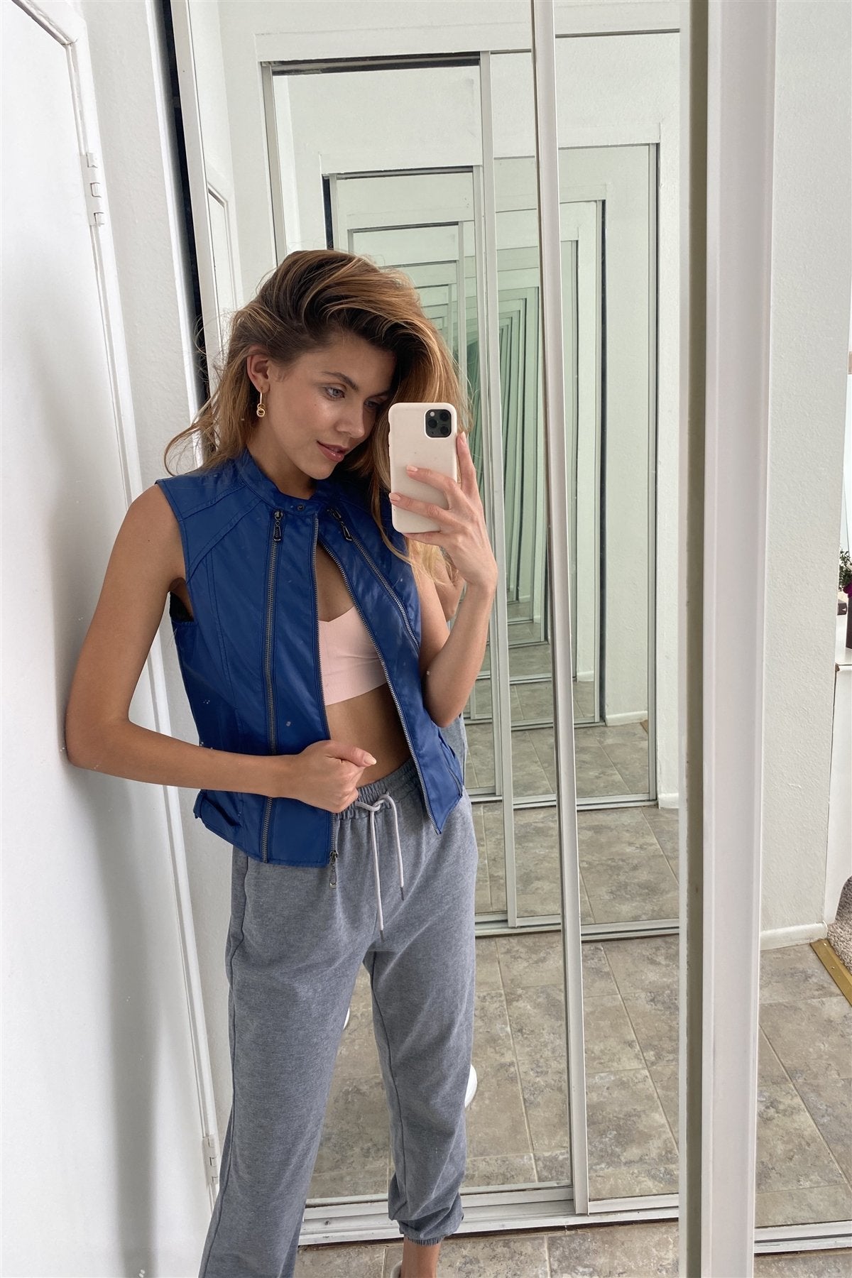 Blue Vegan Leather Faux Fur Lining Triple Zip-up Detail Moto Vest - Absolute Fashion 2020