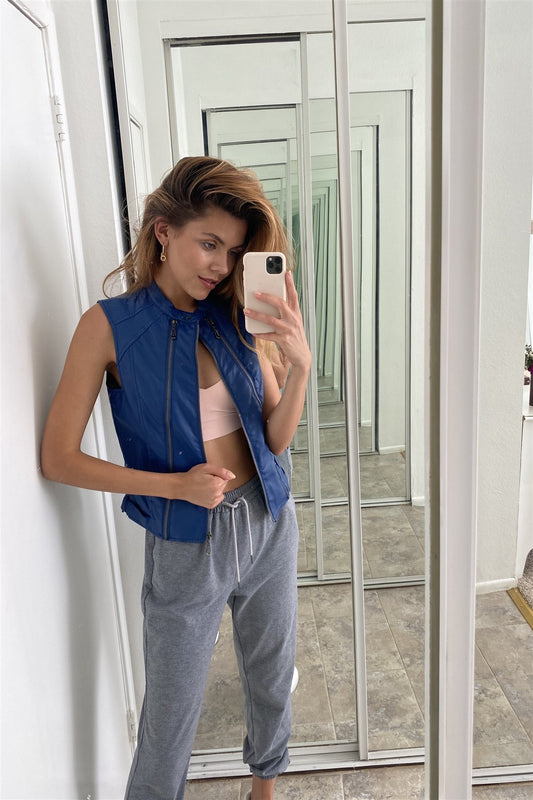 Blue Vegan Leather Faux Fur Lining Triple Zip-up Detail Moto Vest - Absolute Fashion 2020