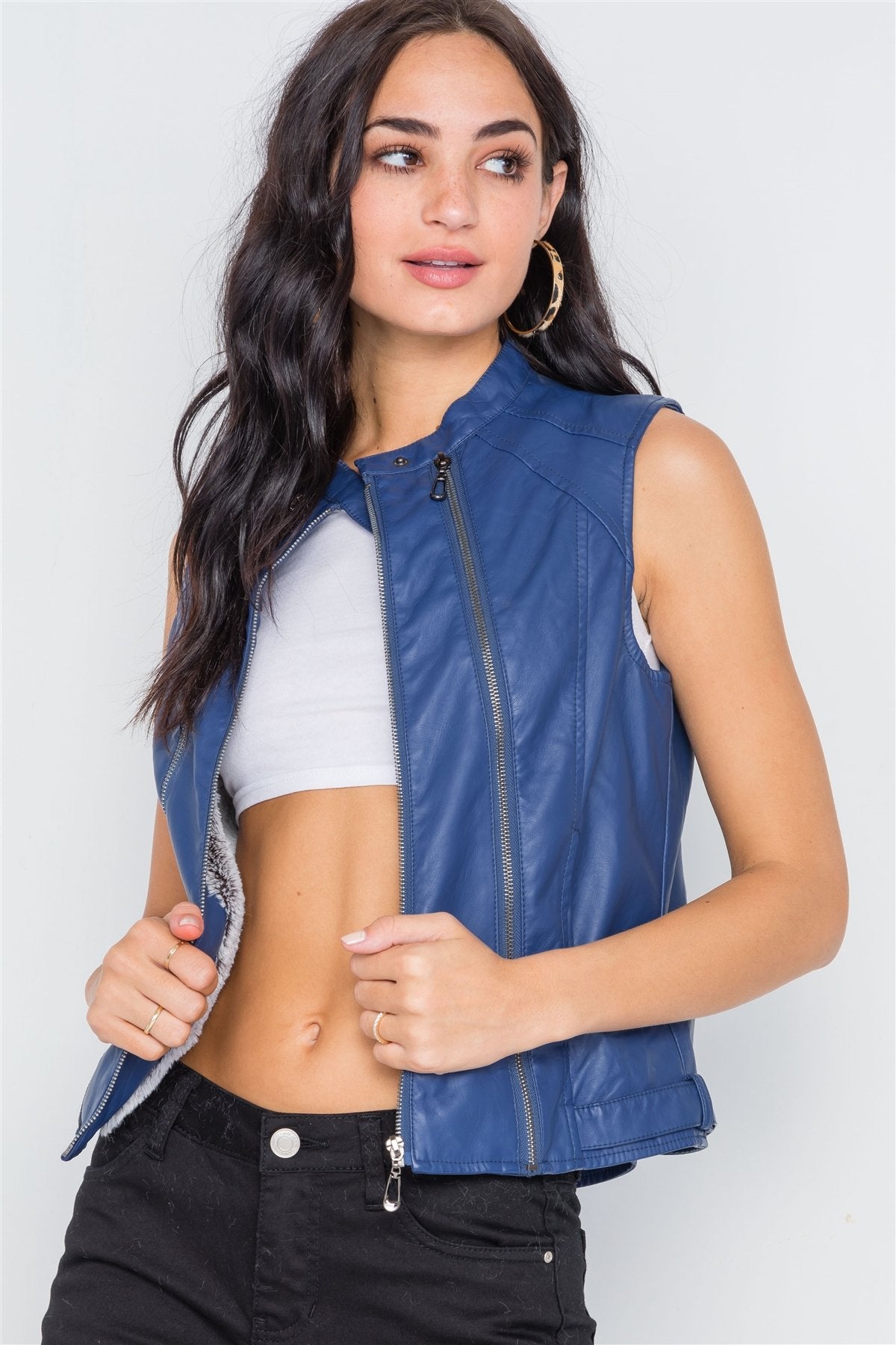 Blue Vegan Leather Faux Fur Lining Triple Zip-up Detail Moto Vest - Absolute Fashion 2020