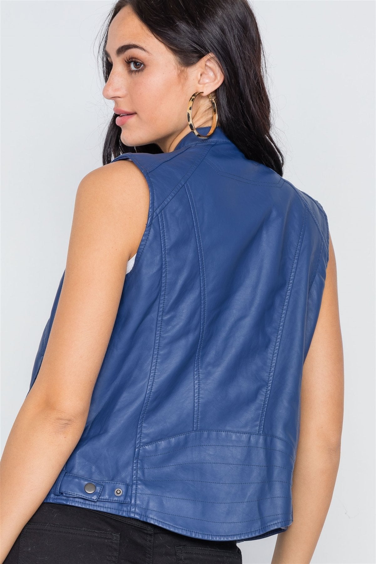 Blue Vegan Leather Faux Fur Lining Triple Zip-up Detail Moto Vest - Absolute Fashion 2020
