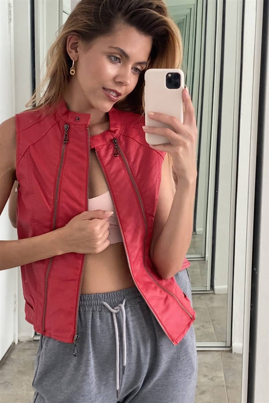 Red Vegan Leather Faux Fur Lining Triple Zip-up Detail Moto Vest - Absolute Fashion 2020