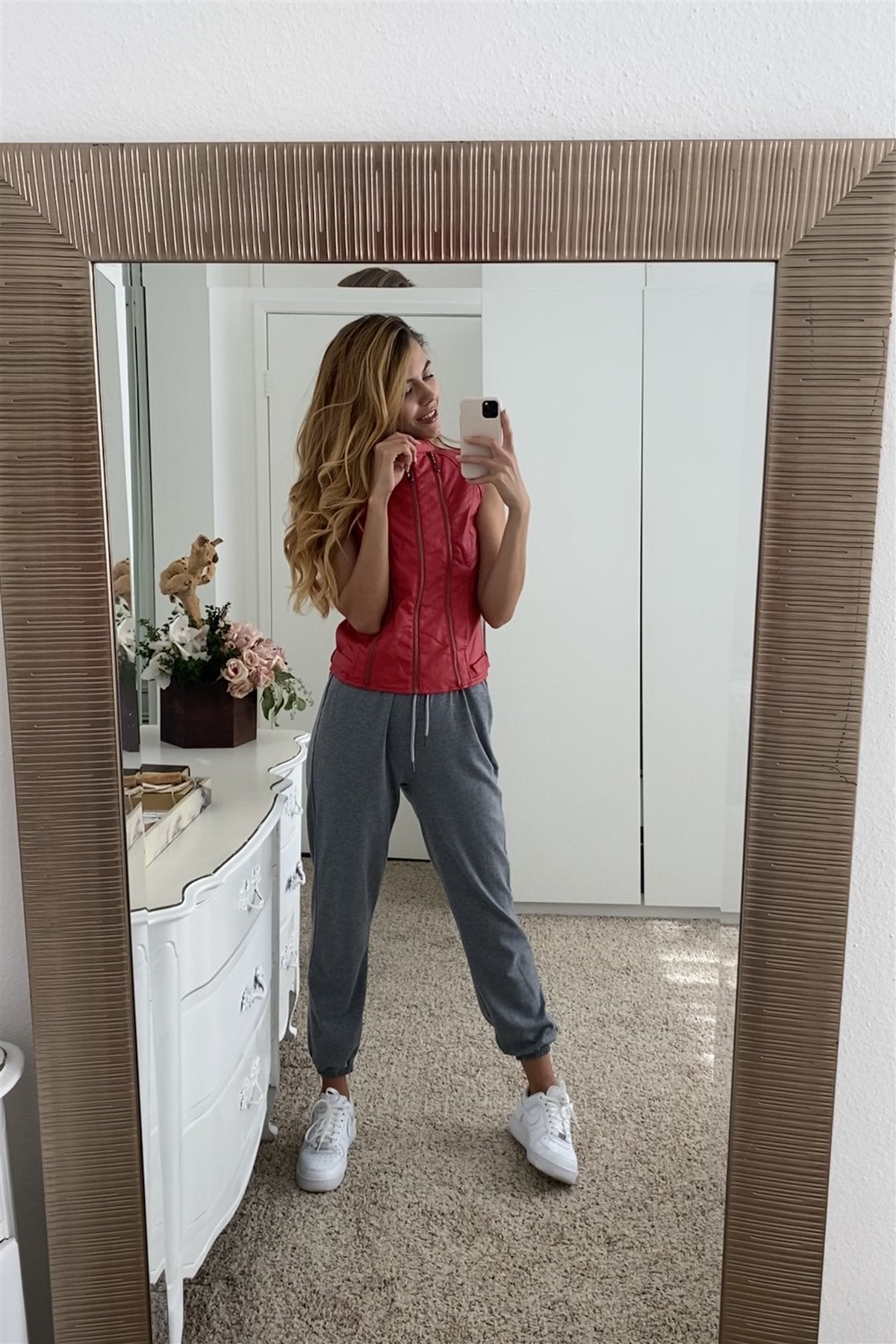 Red Vegan Leather Faux Fur Lining Triple Zip-up Detail Moto Vest - Absolute Fashion 2020