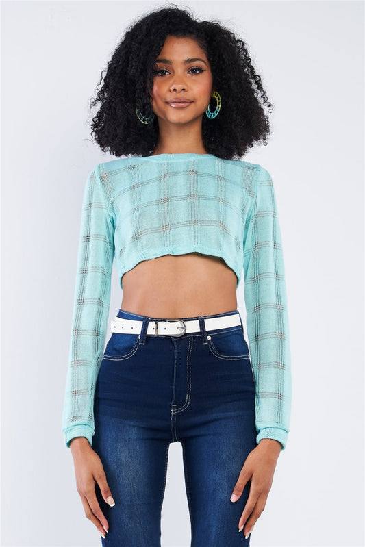 Tiffany Blue Cropped Knit Long Sleeve Sweater - Absolute Fashion 2020
