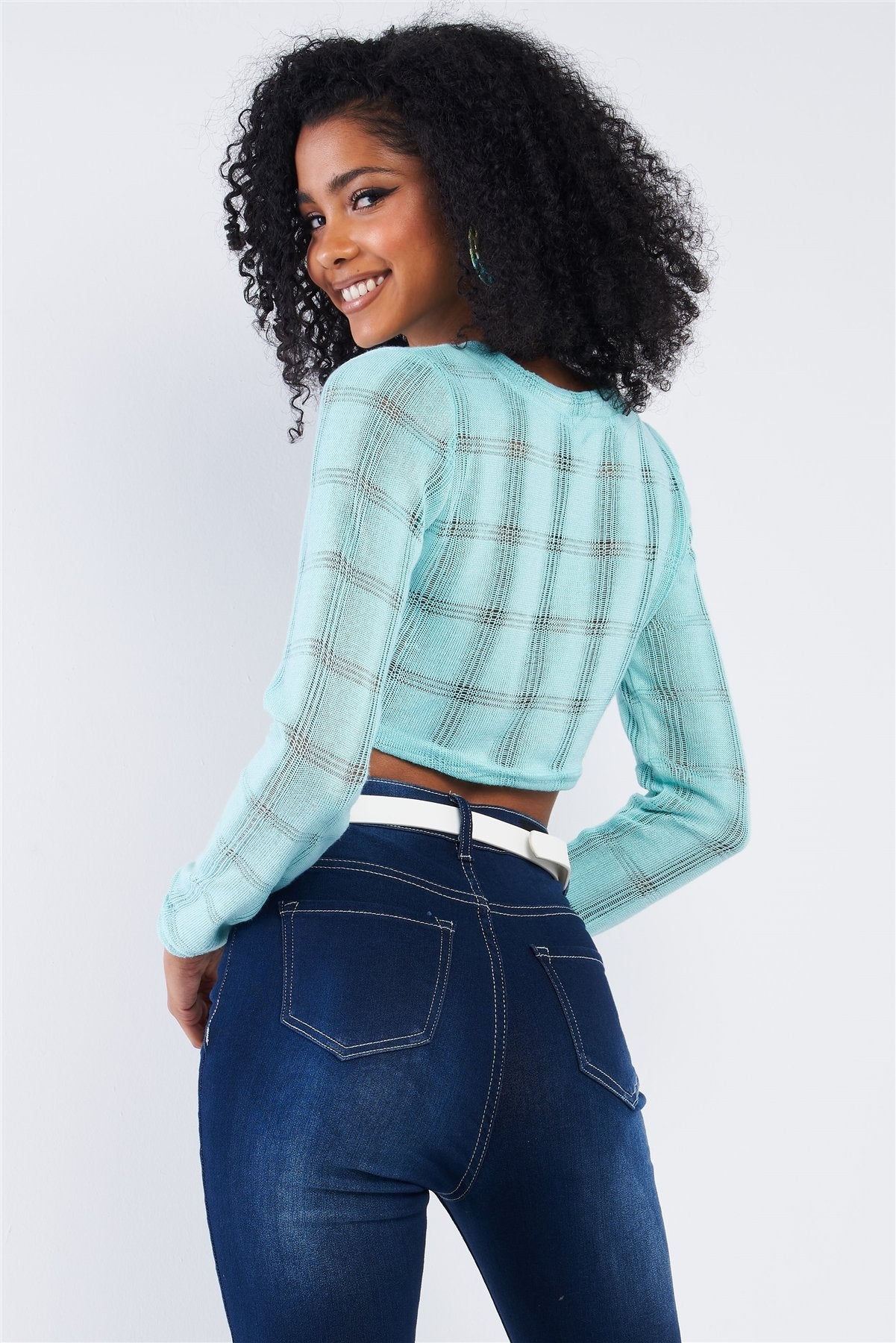 Tiffany Blue Cropped Knit Long Sleeve Sweater - Absolute Fashion 2020