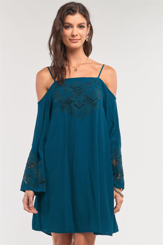 Teal Green Off-the-shoulder Flare Long Sleeve Square Neck Crochet Embroidery Mini Dress - Absolute Fashion 2020