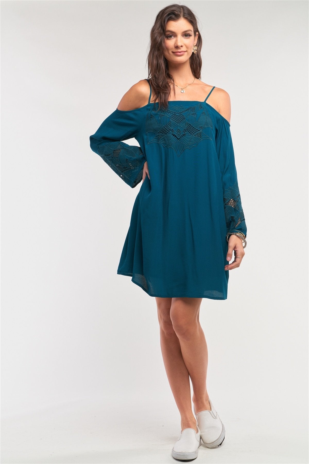 Teal Green Off-the-shoulder Flare Long Sleeve Square Neck Crochet Embroidery Mini Dress - Absolute Fashion 2020