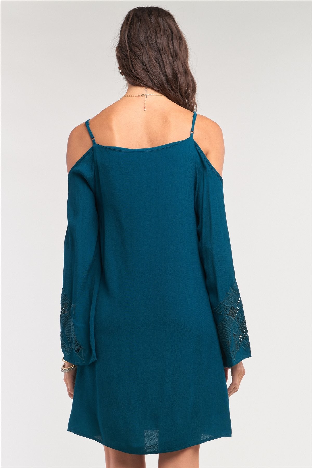 Teal Green Off-the-shoulder Flare Long Sleeve Square Neck Crochet Embroidery Mini Dress - Absolute Fashion 2020