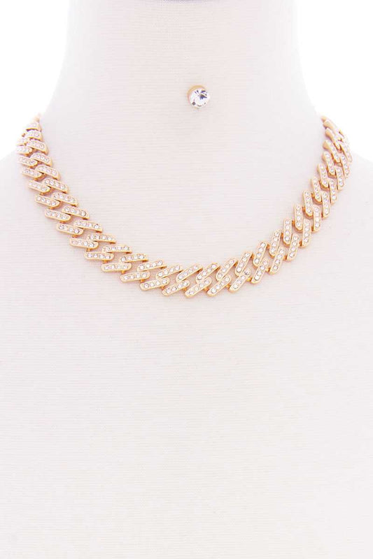 Chunky Stud Stone Metal Chain Short Necklace Earring Set - Absolute Fashion 2020