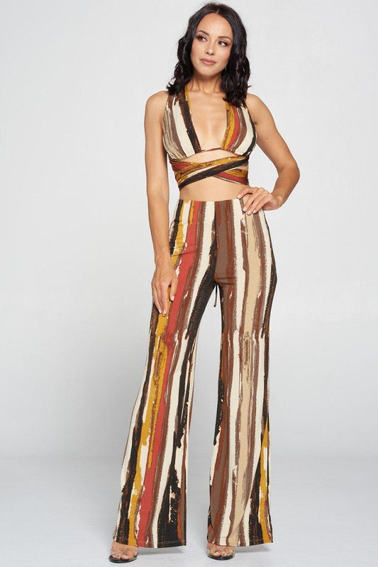 Stripped Cropped Top And Wide Leg Pants Set - Absolute Fashion 2020