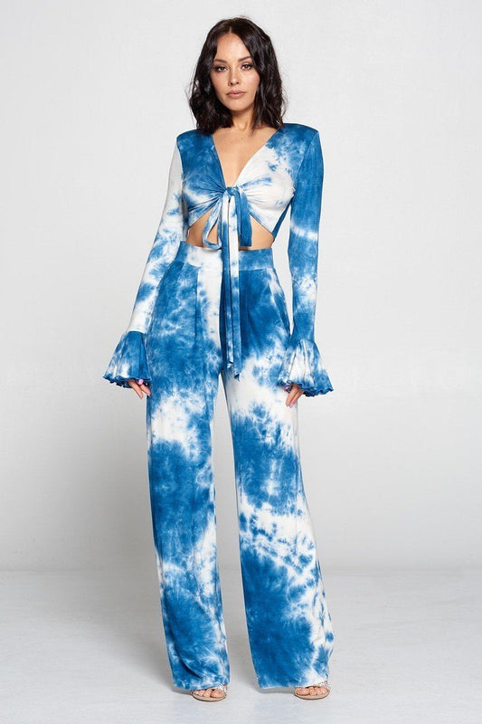 Tie Dye Fronttie Top And Wide Leg Pants Set - Absolute Fashion 2020