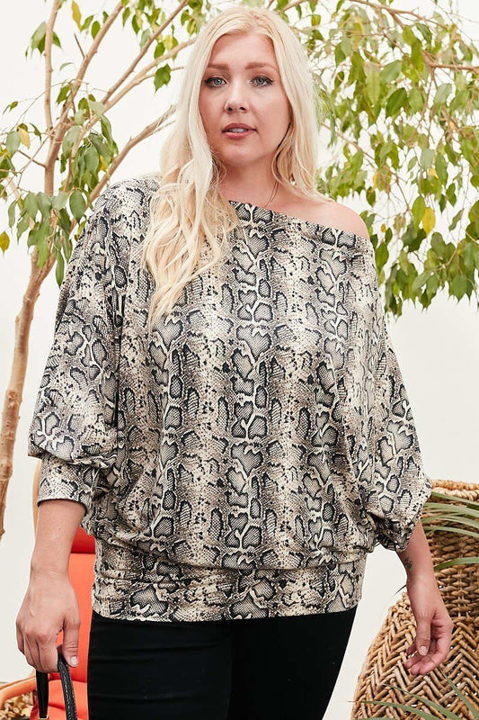 Boat Neck Long Bubble Sleeve Snake Print Knit Top - Absolute Fashion 2020