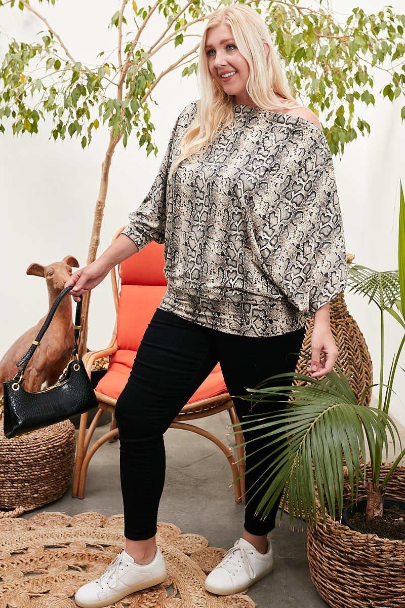 Boat Neck Long Bubble Sleeve Snake Print Knit Top - Absolute Fashion 2020