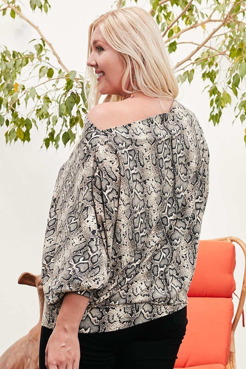 Boat Neck Long Bubble Sleeve Snake Print Knit Top - Absolute Fashion 2020