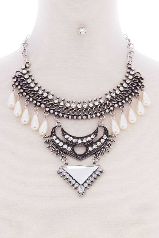 Chunky Pearl Antique Stone Boho Bohemian Statement Necklace Earring Set - Absolute Fashion 2020
