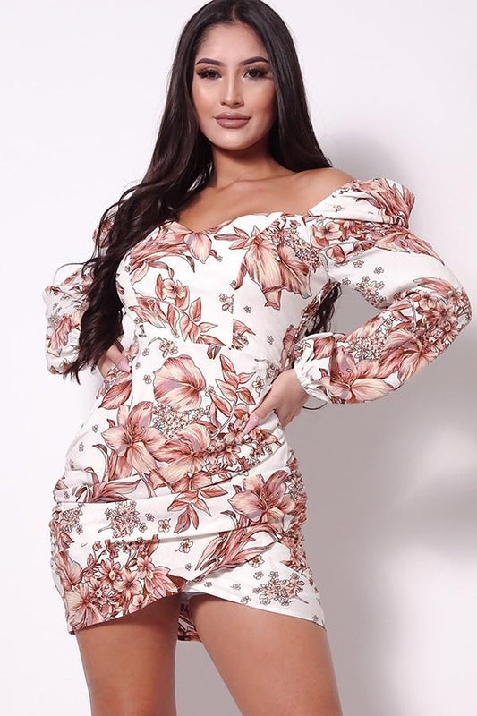 Balloon Sleeve Front Surplus Shirred Hem Floral Mini Dress - Absolute Fashion 2020