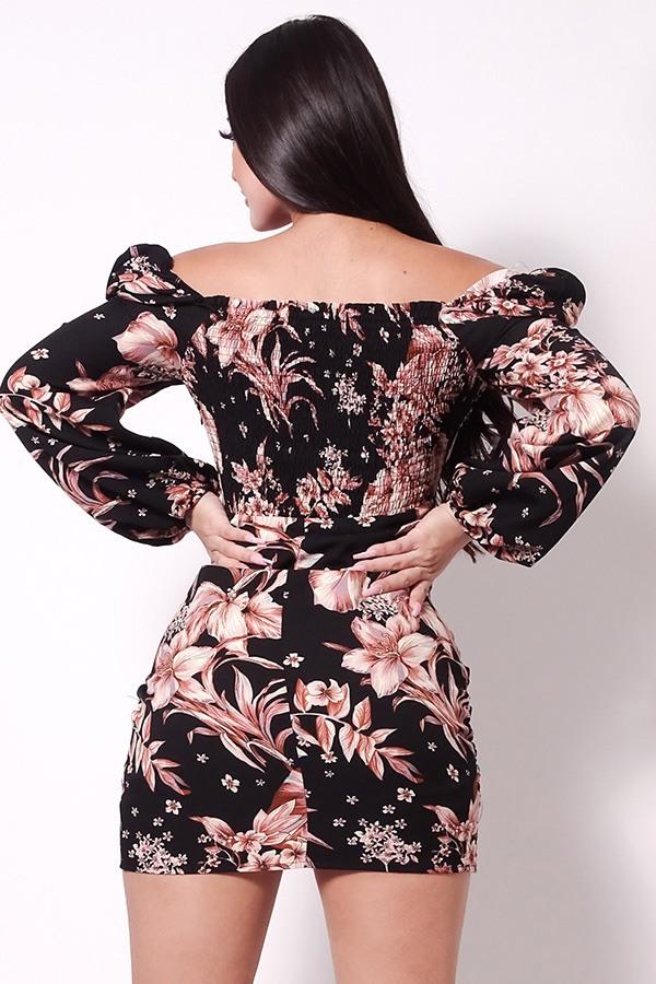Balloon Sleeve Front Surplus Shirred Hem Floral Mini Dress - Absolute Fashion 2020
