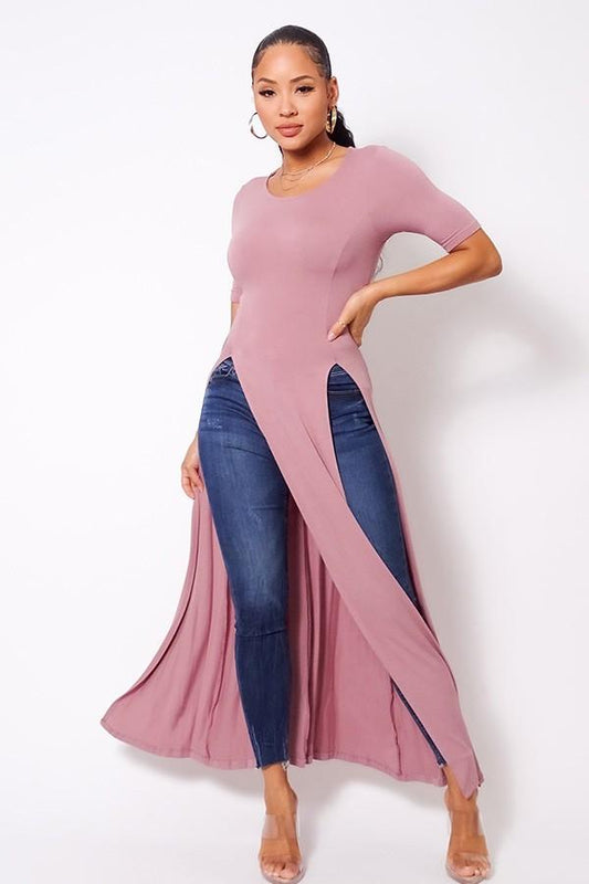 Elbow Sleeve Maxi Tank Top With Side Slits - Absolute Fashion 2020