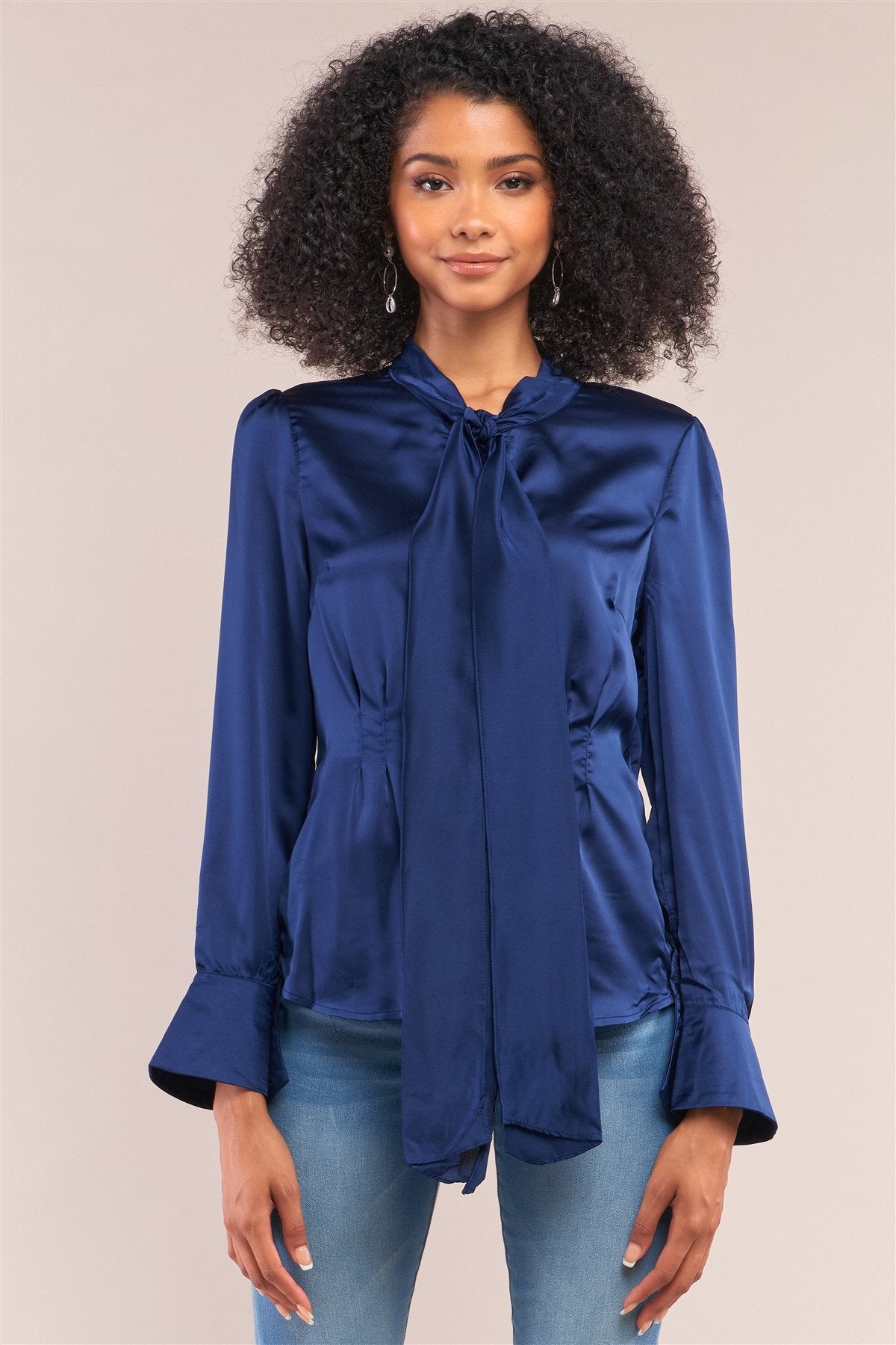 Victorian Indigo Blue Satin Long Sleeve Self-tie Collar Button Down Gathered Blouse - Absolute Fashion 2020