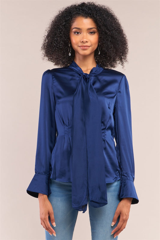 Victorian Indigo Blue Satin Long Sleeve Self-tie Collar Button Down Gathered Blouse - Absolute Fashion 2020