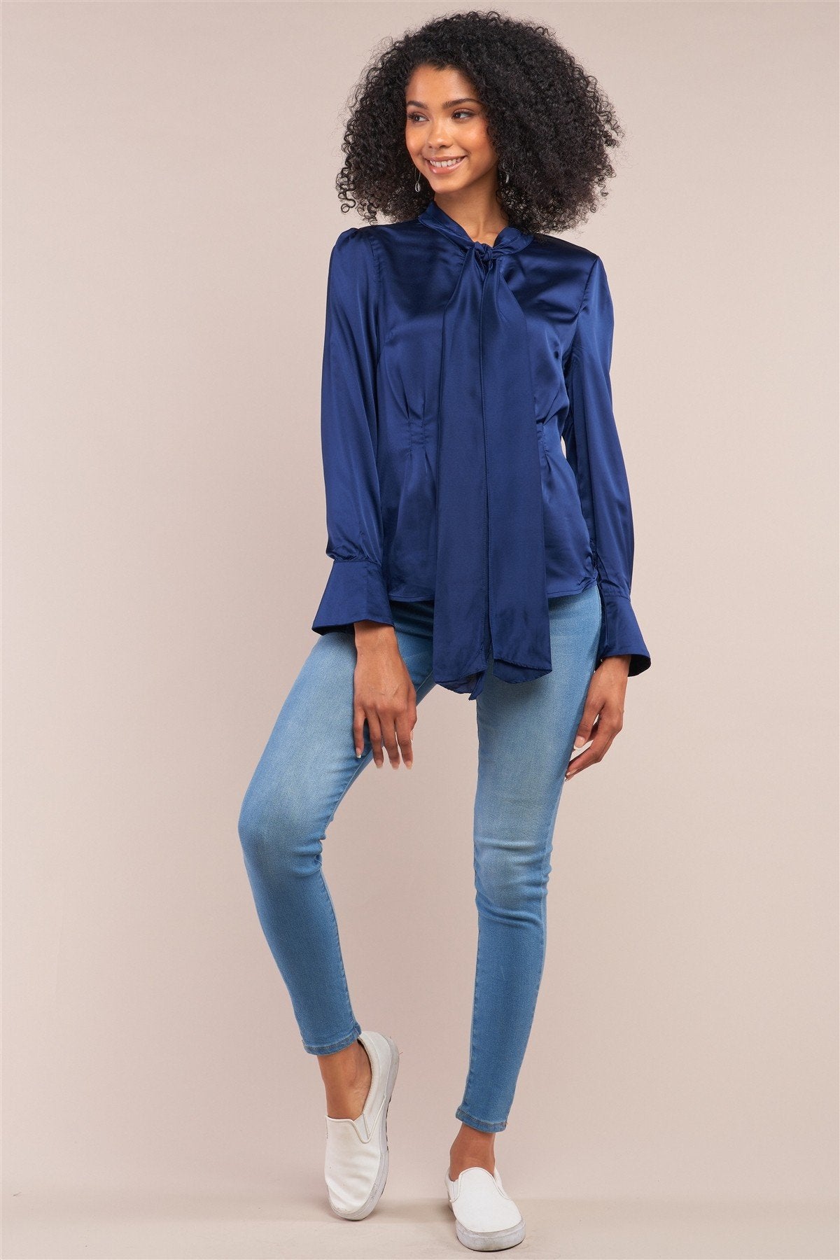 Victorian Indigo Blue Satin Long Sleeve Self-tie Collar Button Down Gathered Blouse - Absolute Fashion 2020