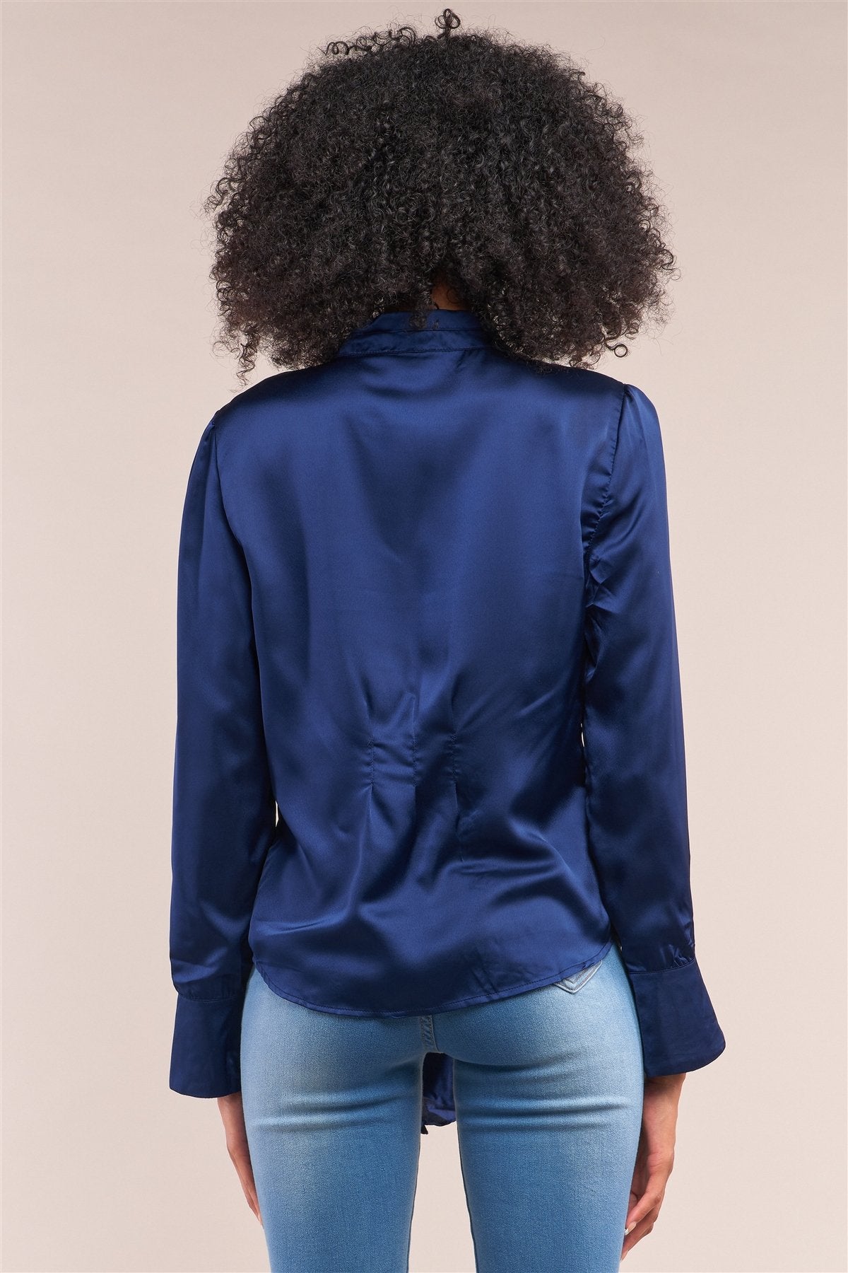 Victorian Indigo Blue Satin Long Sleeve Self-tie Collar Button Down Gathered Blouse - Absolute Fashion 2020
